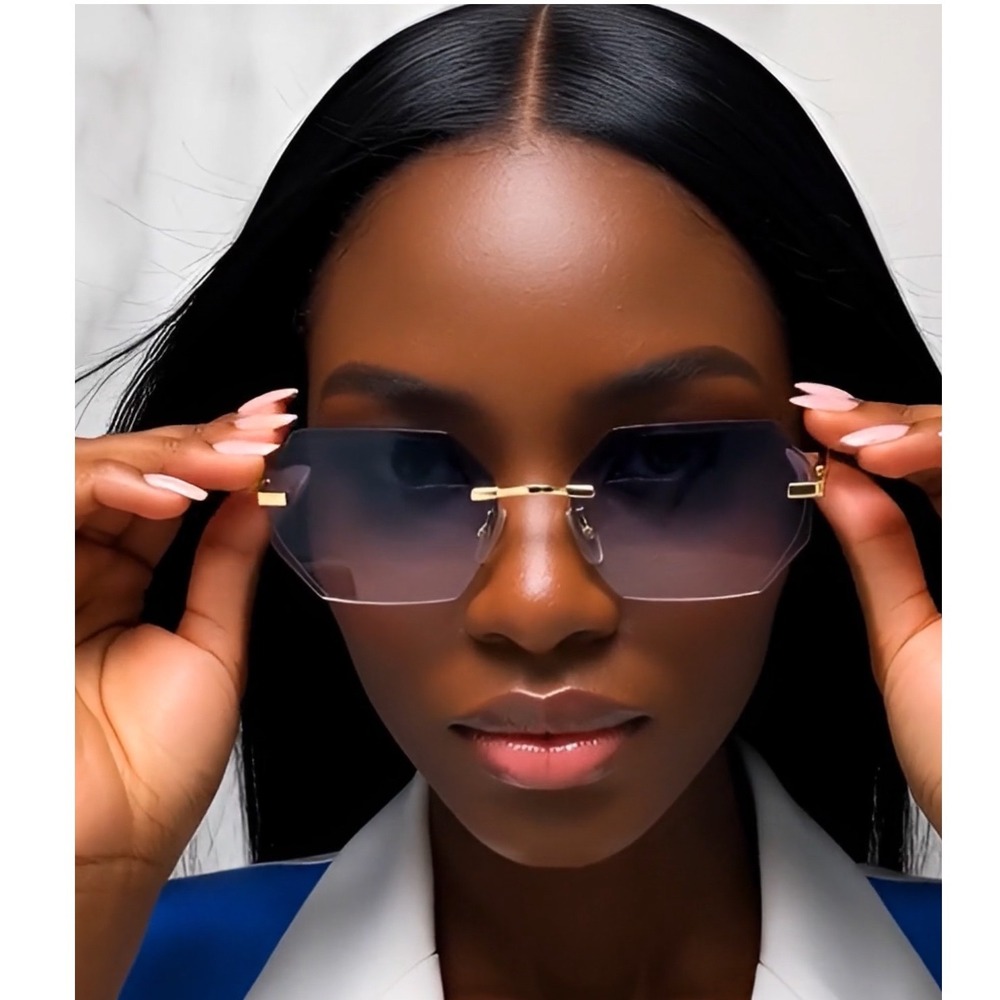 Rimless Casual Sunglasses Women Gold Frame‎ Gradient Blue Lenses UV Protection